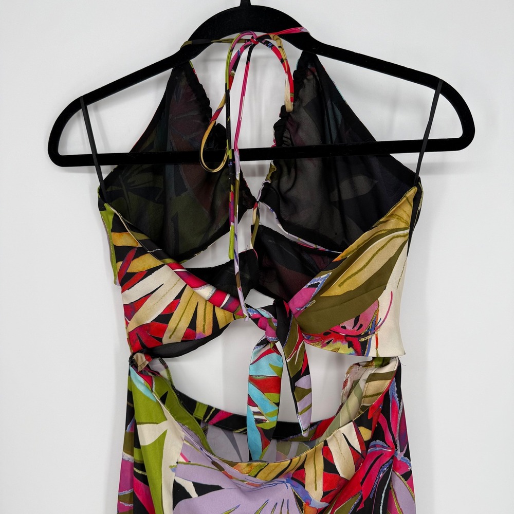 ZARA SATIN TROPICAL PRINT CUT OUT FRONT HALTER MIDI DRESS LARGE - Picture 9 of 10